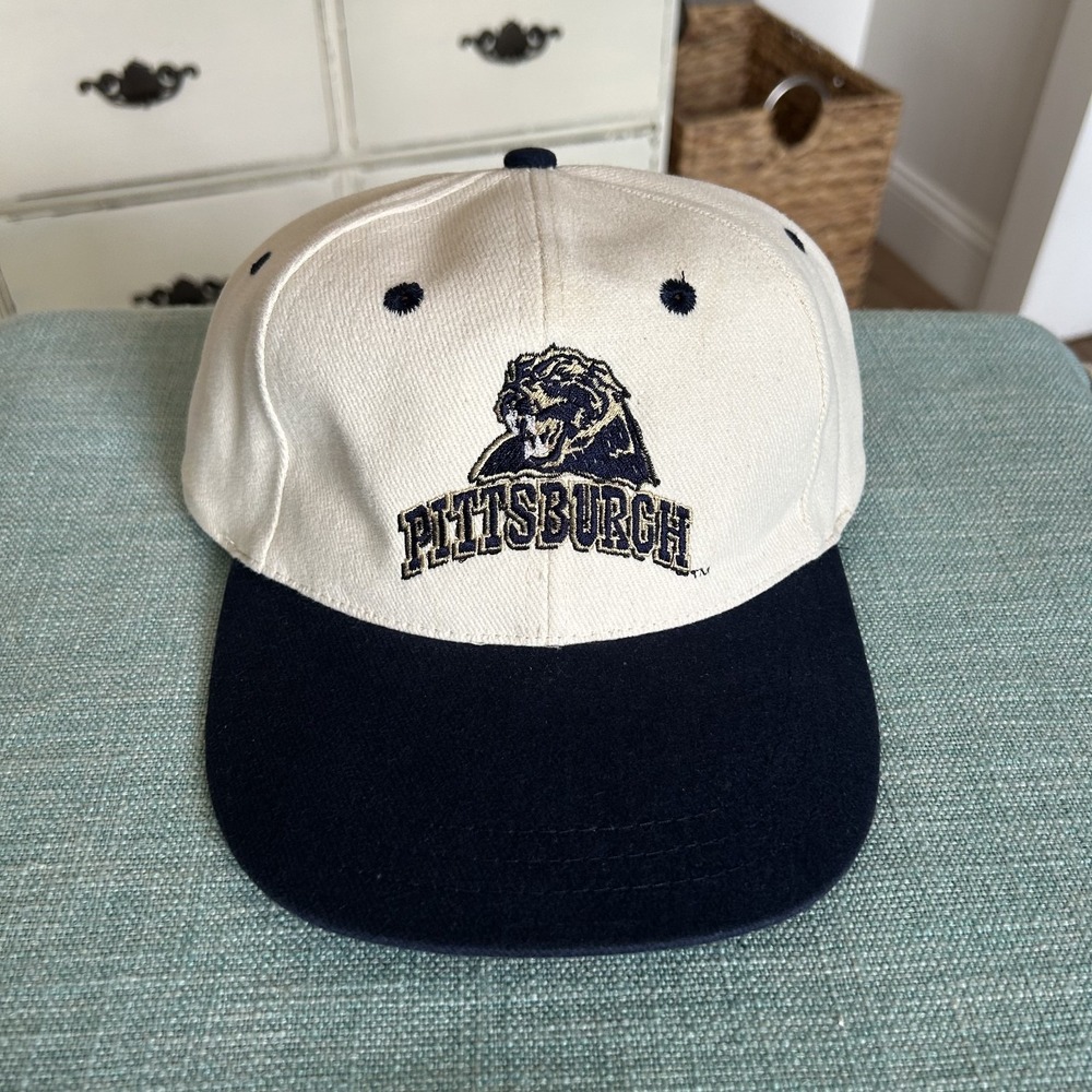 NWT Vtg Champion NCAA Pittsburgh Panthers Black Cream Baseball Strapback Cap Hat